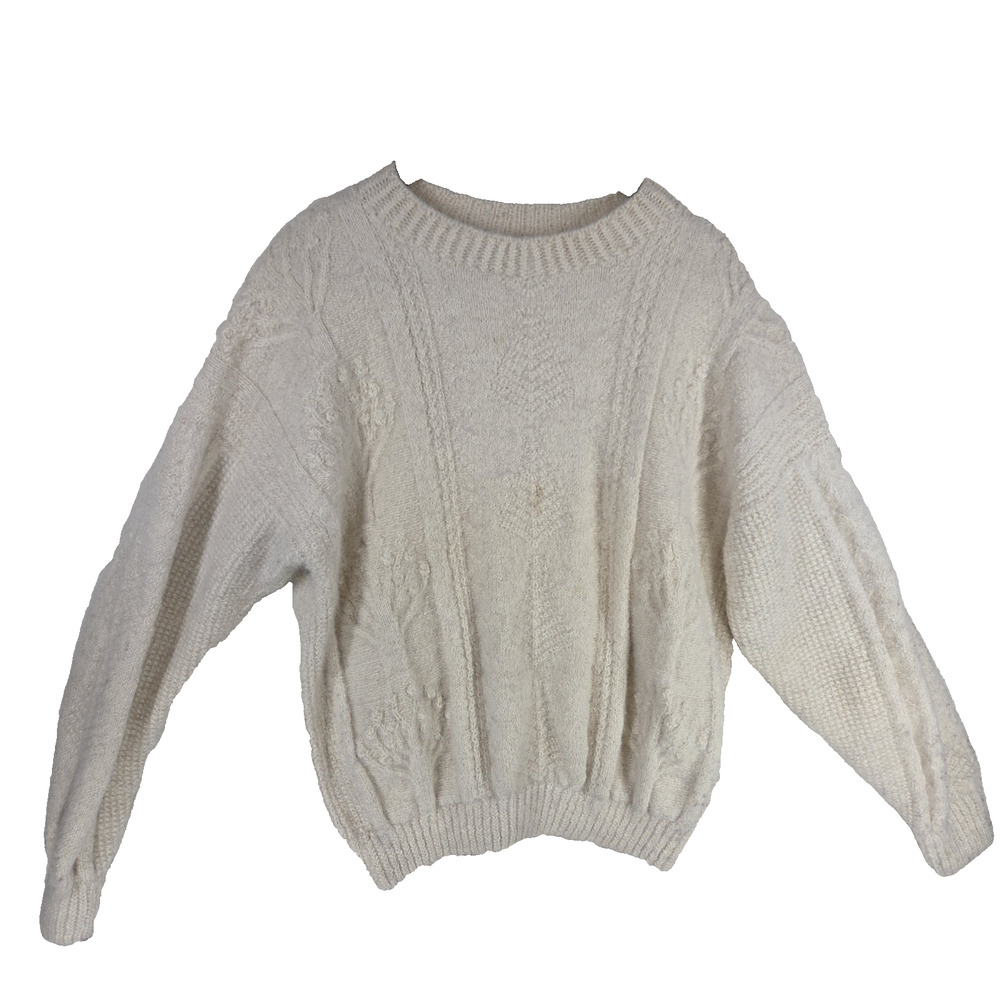 Vtg Asarti Sweater Mens XL White Alpaca Wool Cable Knit Crewneck Pullover y2k